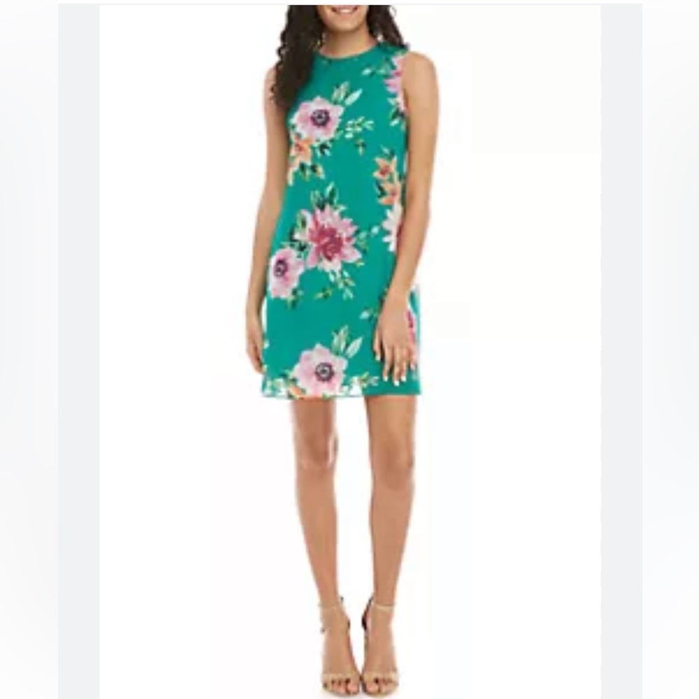 NWT green floral chiffon dress with full lining. 14P. 21 in. across 35 down.